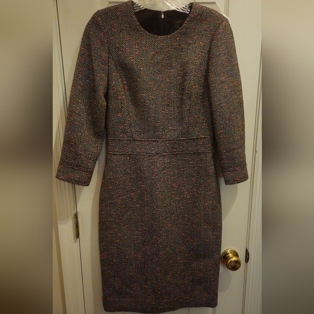 J. Crew Tweed Sheath Wool Blend Crew Neck Black, Gray, Coral Dress - Size 2